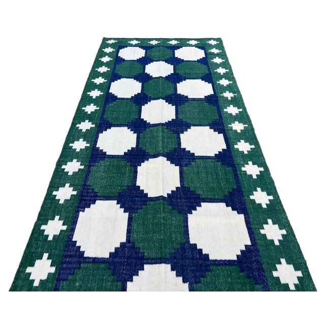 Textile Handmade Woolen Dhurrie Runner, Vegetable Dyed Forest Green, Navy Blue Tile Runner- 4'x16' For Sale - Image 7 of 10