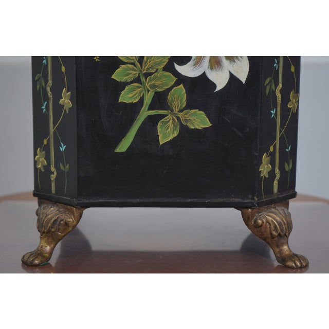 1980s Paint Decorated Toleware Bin W. Brass Feet For Sale - Image 5 of 12
