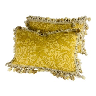 Vintage Mid-Century Hand Printed Italian Fortuny Tasseled Pillows/a Pair For Sale