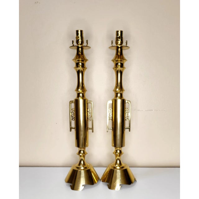 Vintage James Mont Brass Lamps With Red Hex Bell Shades - a Pair | Chairish