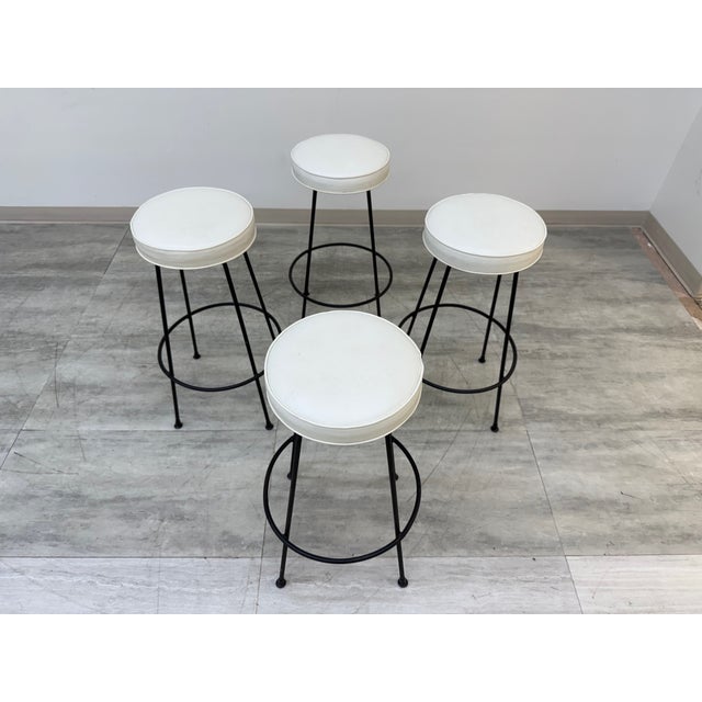 Mid-Century Modern White Seat Swivel Bar Stool ~ Set of 4 For Sale - Image 4 of 5