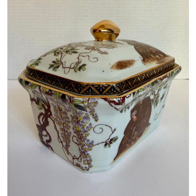 Ceramic Late 19th C. Antique Japanese Lidded Porcelain Box With Monkeys & Wisteria For Sale - Image 7 of 17