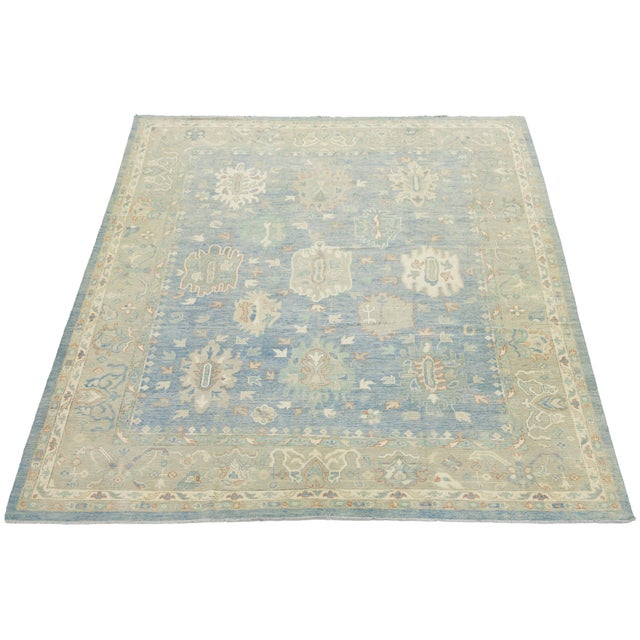 Ivory Modern Hand-Knotted Oushak Style Wool Area Rug in Soft Blue, Ivory & Terracota For Sale - Image 8 of 12