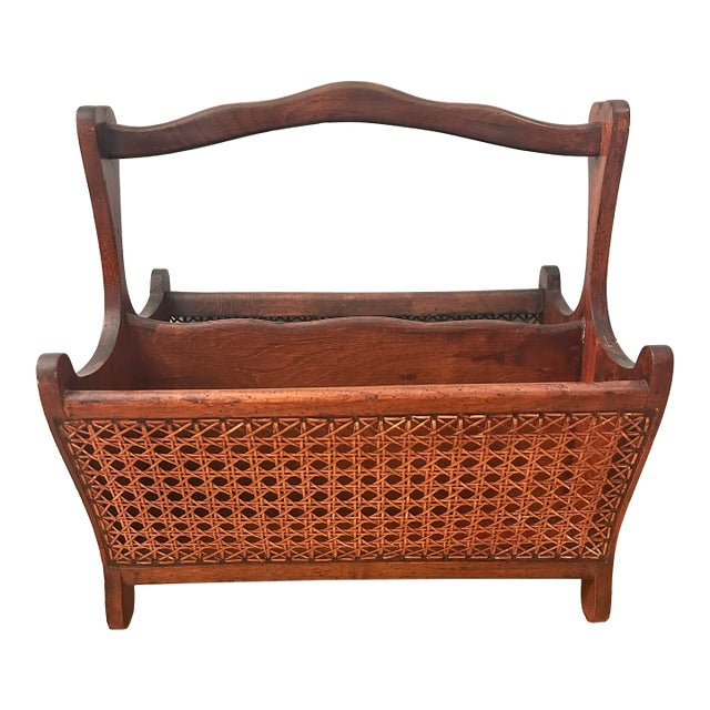 Mid-Century Italian Walnut & Woven Cane Canterbury Magazine Holder For Sale