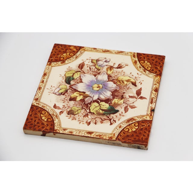 1900 - 1909 Victorian Floral Tile, 1900s Earthenware For Sale - Image 5 of 9