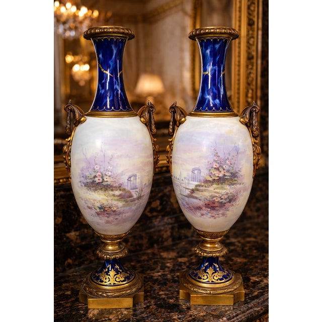 1850s Sevres Louis XVI Blue Bronze Porcelain Vases - Pair For Sale - Image 12 of 18