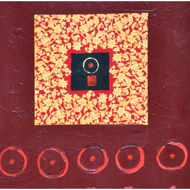 Beautiful burgundy red abstract painting with five light red circles near the bottom and lines directed underneath and a...