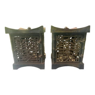 Pair of Antique Asian Large Cast Iron Bamboo & Leaf Motif Lanterns For Sale