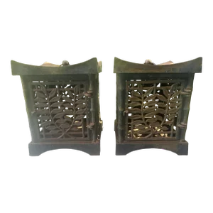 Pair of Antique Asian Large Cast Iron Bamboo & Leaf Motif Lanterns
