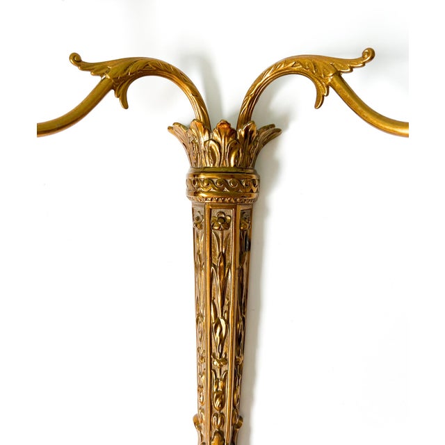 Brass Pair of Vintage Neoclassical Double-Arm Wall Candle Sconces – Gold Gilt or Brass-Plated For Sale - Image 8 of 12