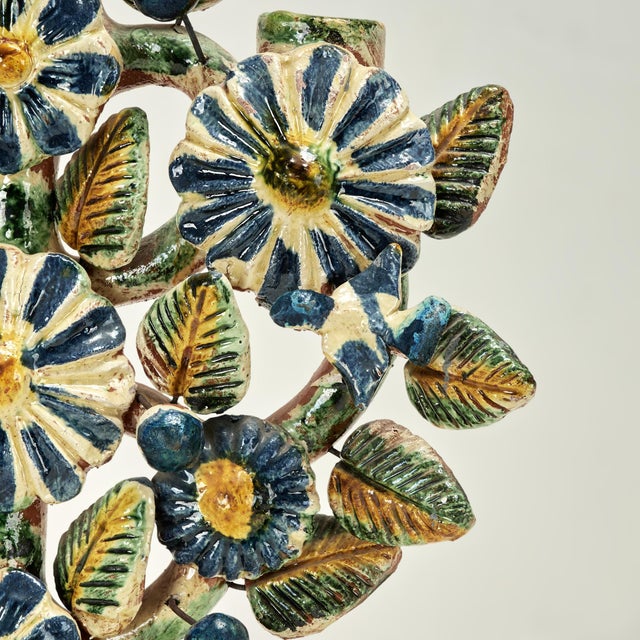 Blue Antique Spanish Terra Cotta Candelabra With Flowers For Sale - Image 8 of 11