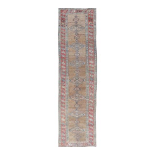 Antique Sarab Runner With Sub-Geometric Medallion Design in Red, Blue & Brown For Sale