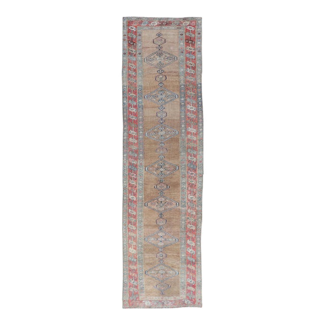 Antique Sarab Runner With Sub-Geometric Medallion Design in Red, Blue & Brown For Sale