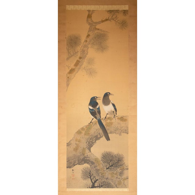 Large antique Japanese silk scroll painting "Magpies on Pine Tree" by Imai Kōshi (今井耕師, 1891–1967), a prominent member of...