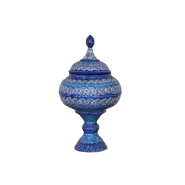 Boho Chic Persian Minakari Enamel on Copper Lidded Compote For Sale - Image 3 of 9