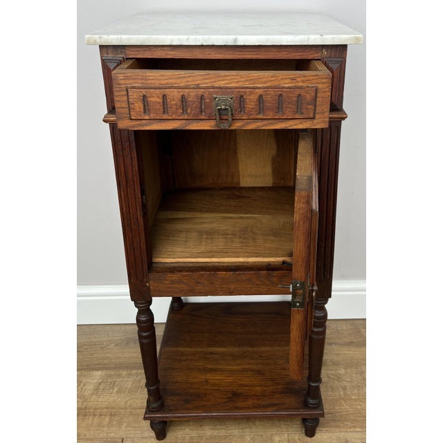 French Bedside Table in Oak with Marble Top For Sale - Image 3 of 17