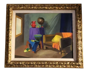Original Vintage Modernist Interior Still Life Painting Gilt Wood Vintage Frame
