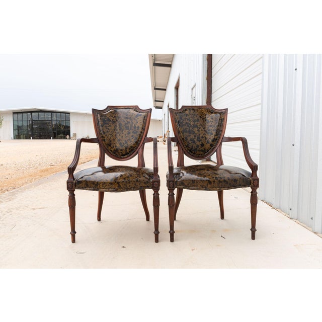 Early 20th Century Early 20th Century Federal Style Shield Back Chairs With Faux Tortoise Leather Seats, Pair For Sale - Image 5 of 13
