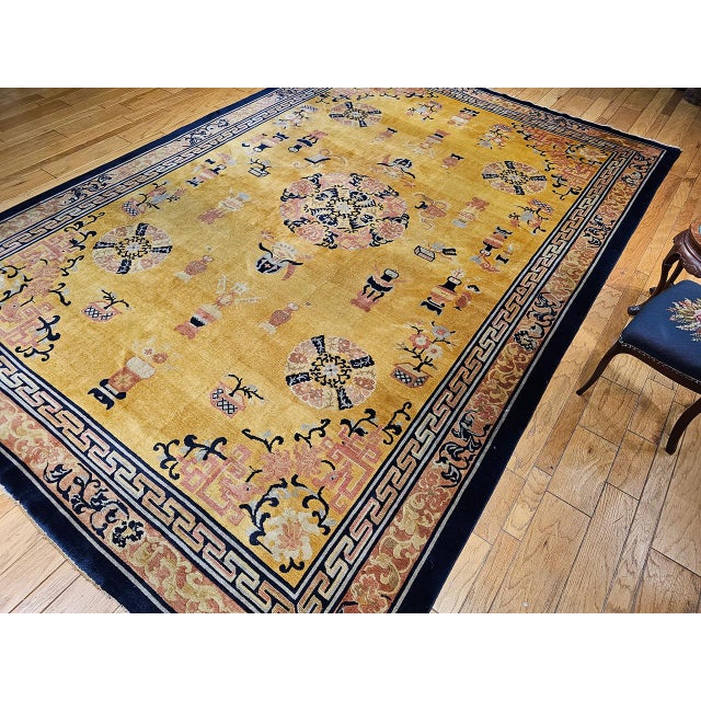 Early 20th Century Antique Art Deco Chinese Rug, Hand-Knotted Wool, Pastel Yellow & Blue, 10x15 For Sale - Image 5 of 18