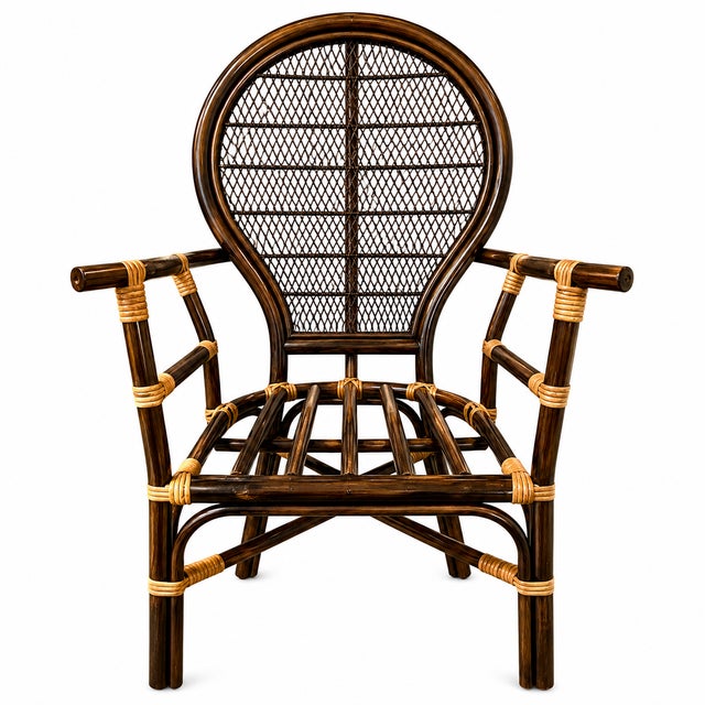 Wood Vintage Rattan Balloon Chair With New Schumacher Cushion For Sale - Image 7 of 7