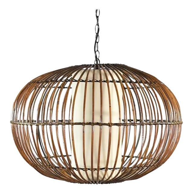 Franco Albini Rattan Cage Pendant Chandelier With Interior Shade For Sale