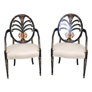 Late 20th Century Pair of Karges Hepplewhite Plum Arm Chairs Ebonized, Carved Hand Painted Leather Fabric For Sale