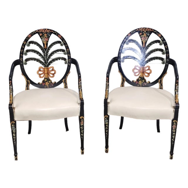 Late 20th Century Pair of Karges Hepplewhite Plum Arm Chairs Ebonized, Carved Hand Painted Leather Fabric For Sale