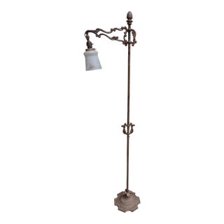 Late 19th Century Antique Adjustable Bridge Floor Lamp With Original Reverse Painted Glass Shade For Sale