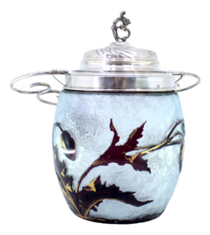 Glass Candy Box with Embossed Engravings, Silver Applications and Lid with Hollow Knob and Hinged Handle
