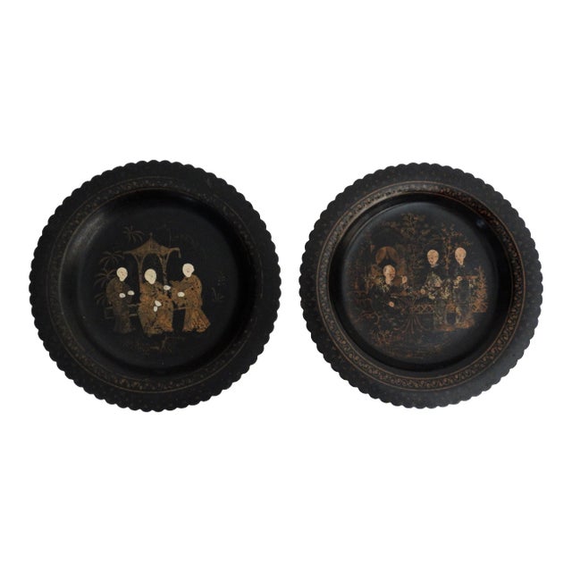 Antique Papier Mache Wine Coasters / Plates, a Pair Hand Painted Gilt For Sale