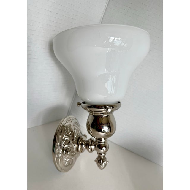 Late 20th Century Pair of Art Deco–Inspired Chrome & Opal (Milk) Glass Bathroom Wall Sconces For Sale - Image 11 of 12