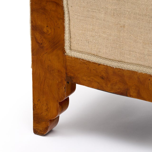 French, Art Deco Period Burled Ash Bergères, Burlap Upholstery For Sale - Image 9 of 9