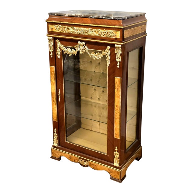 French Empire Display Cabinet – Marble Top, Gilded Bronze & Gold Leaf Details With Velvet Interior For Sale