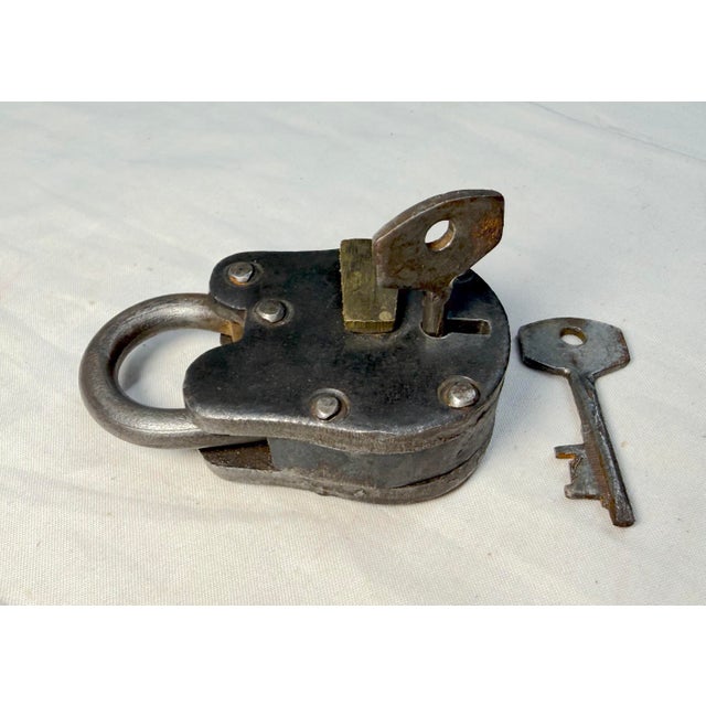 Brass Antique Working Handmade Miniature Riveted Steel Brass Skeleton Key Pad Lock For Sale - Image 8 of 10