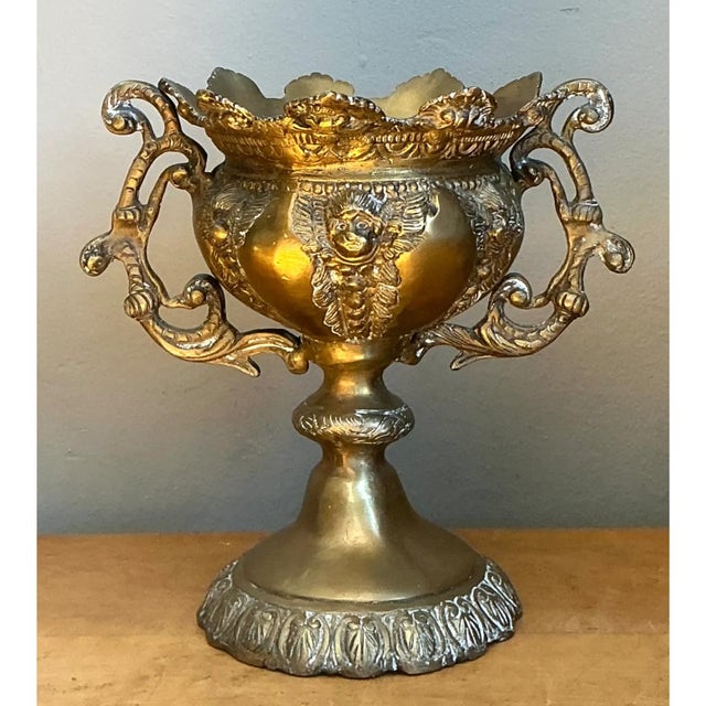 Vintage Brass Cherub Urns - A Pair For Sale - Image 4 of 12