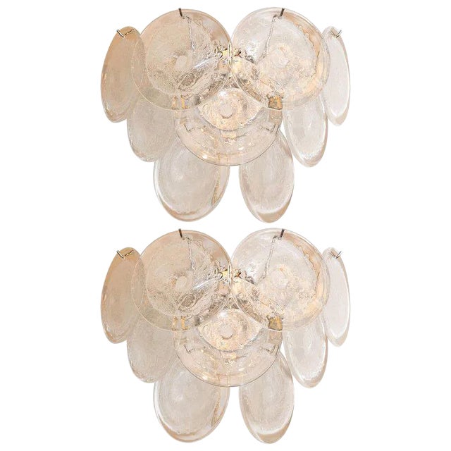 Modernist 9-Disc Hand Blown Murano Clear and Translucent Glass Sconces - a Pair For Sale