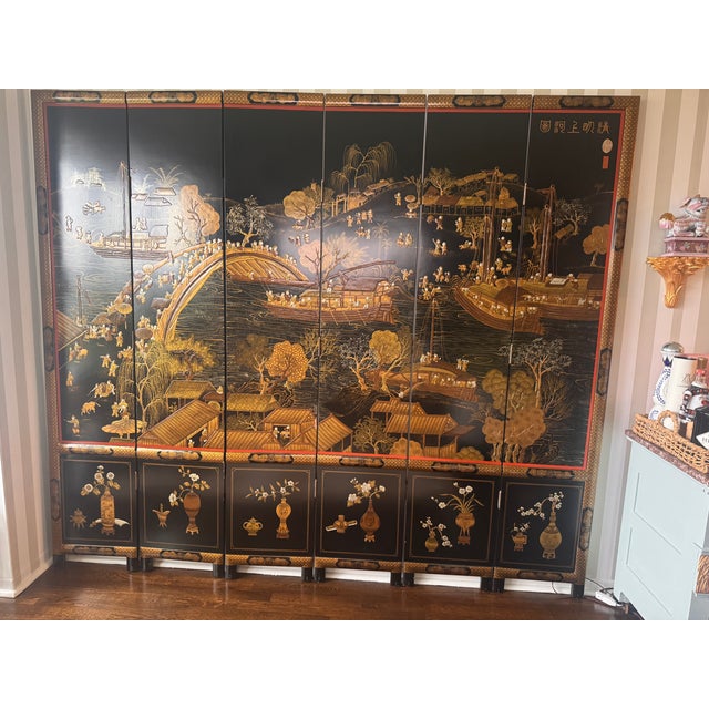 Wood 6 Panel Coromandel Lacquered Screen For Sale - Image 7 of 13