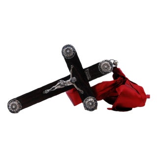 Wooden Cross with Silver Applications and Jesus Crucified with Red Fabric For Sale