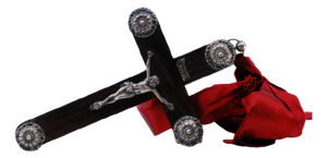 Wooden Cross with Silver Applications and Jesus Crucified with Red Fabric