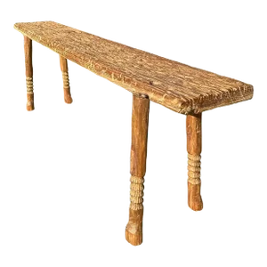 Teak Wood Sculptural Bench, Carved Detailing, Modern Organic