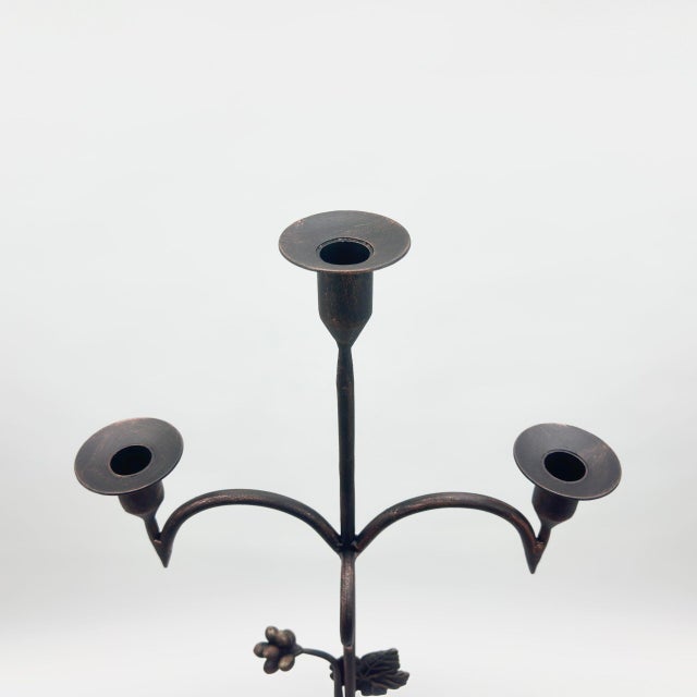 2020s Hand Forged Iron Floor Candelabra 48.5″ (123cm) Antique Copper Patina 3-Arm Balanced Scroll Candle Holder Rustic Decor For Sale - Image 5 of 8