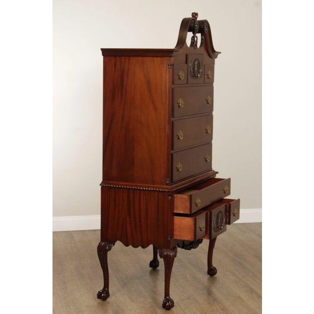 Brown 1940's Hand Crafted Chippendale Style Carved Mahogany Highboy Tall Chest For Sale - Image 8 of 12