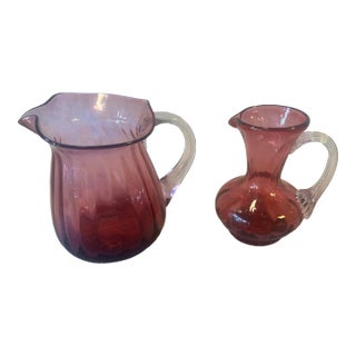 Mid 20th Century Art Deco Style Mid Century Pilgrim Blown Glass Purple/Cranberry Creamer Pitcher Set- 2 Pieces For Sale