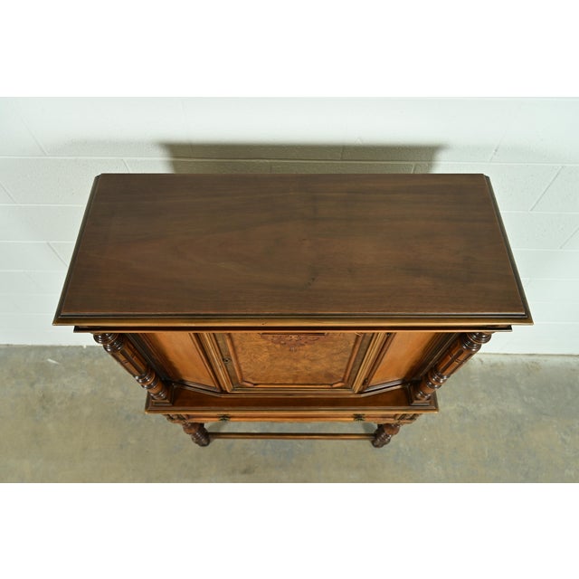 Berkey & Gay Antique English Jacobean Carved Walnut and Burl Wood Bookcase or Bar Cabinet, Circa 1920s For Sale - Image 13 of 16