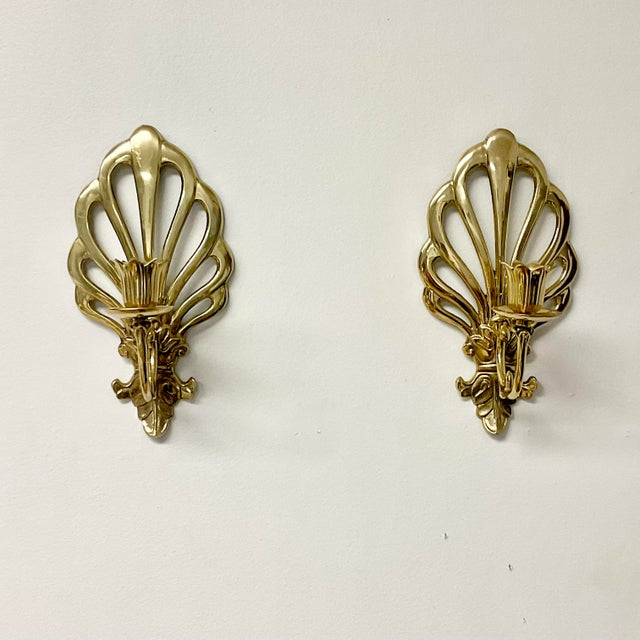 1970s Vintage French Peacock Lacquered Brass Candleholder Wall Sconces - A Pair For Sale - Image 17 of 17