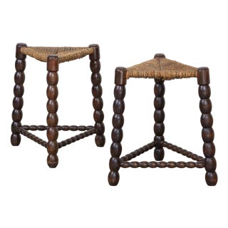 1940s Pair of French Bobbin Wood and Woven Stools For Sale