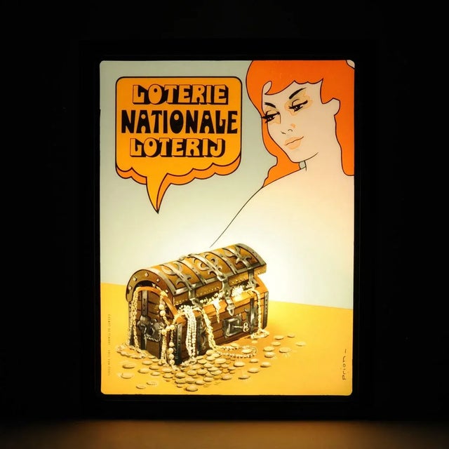 Vintage lighted advertisement of Belgian Loterie Nationale Loterij. Designed by Prion, manufactured by Otten Plastics....