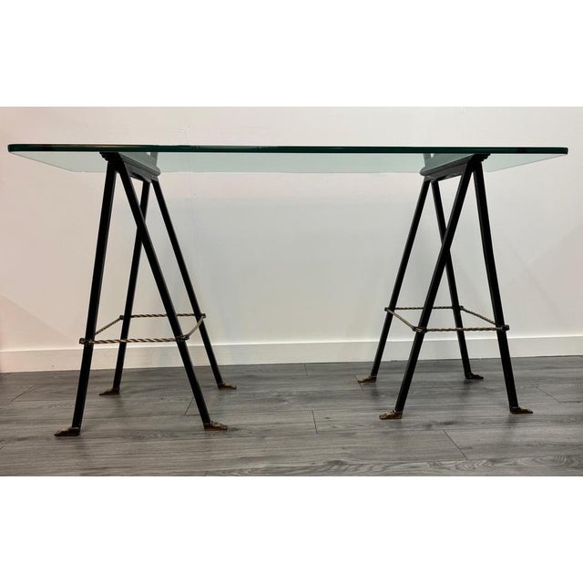 Iron and Brass Trestle Console with Glass Top, 1950s For Sale - Image 3 of 14