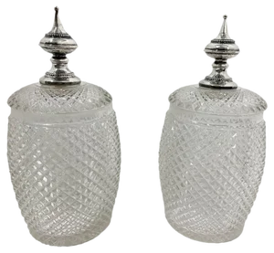 Dutch Crystal Lidded Pots with Silver Knobs, Amsterdam, Netherlands, 1901-1903, Set of 2