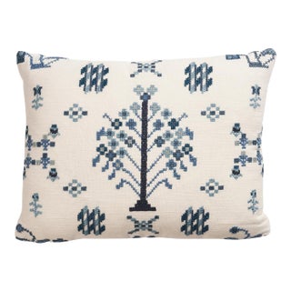Schumacher Fairview Cross Stitch 16" Lumbar Pillow In Indigo For Sale